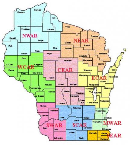 A map of Wisconsin with counties sectioned off by region